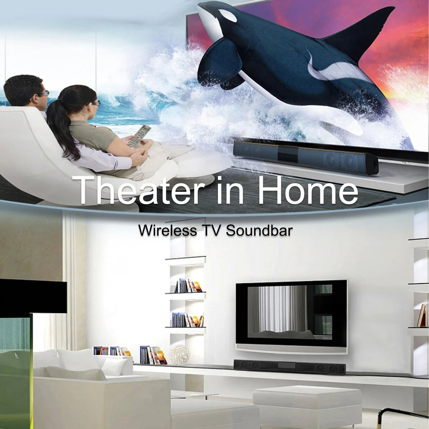 Black stereo soundbar with silver accents Bluetooth 5.3 support rca aux and remote control for home cinema use