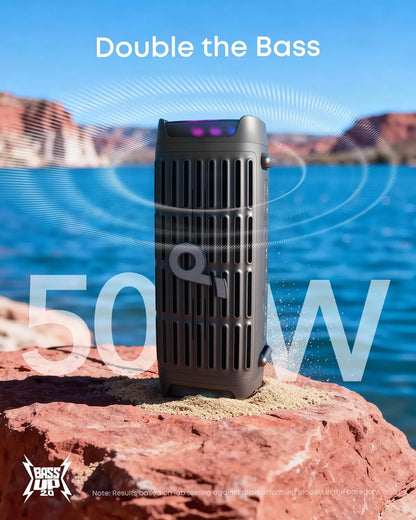 Black anker compact outdoor soundcore boom 3i speaker with vertical grille and purple led lights ip68 waterproof floating