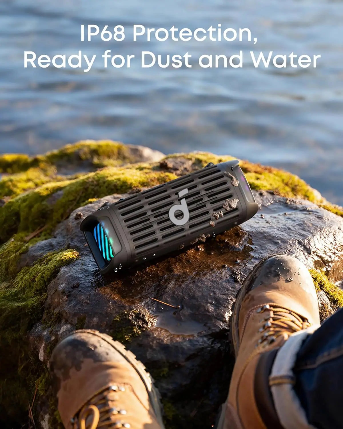 Black rectangular anker compact outdoor speaker soundcore boom 3i with textured grille ip68 waterproof floating design