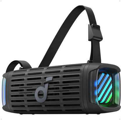 Black rugged anker compact outdoor soundcore boom 3i speaker with ip68 waterproof floating and colorful led lighting sides