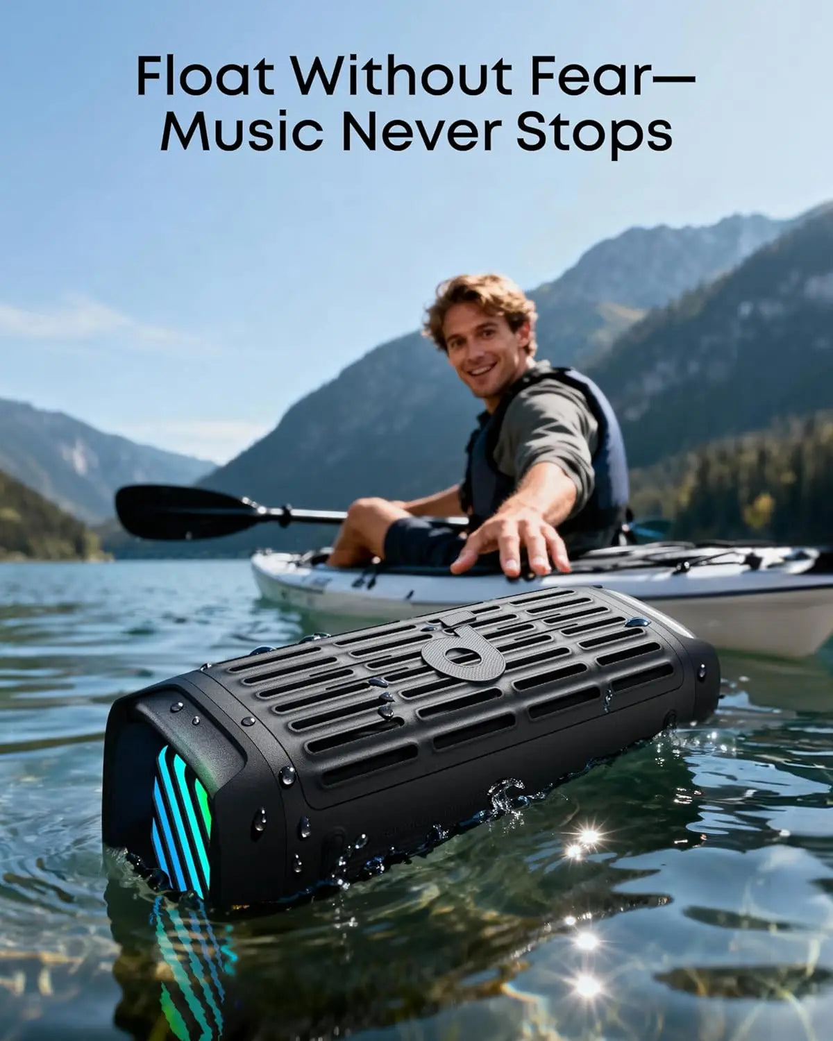 Black anker compact outdoor soundcore boom 3i speaker with ip68 waterproof textured grille and glowing blue led lights