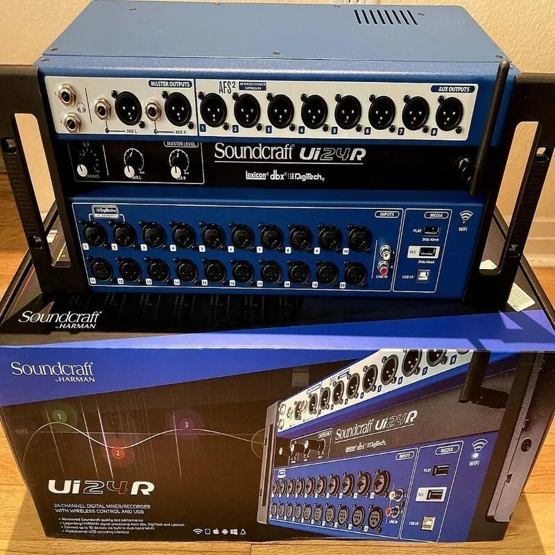 Blue soundcraft ui24r digital mixer with 25 channels, black xlr inputs outputs usb ports and sleek professional design