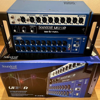 Blue soundcraft ui24r digital mixer with 25 channels, black xlr inputs outputs usb ports and sleek professional design