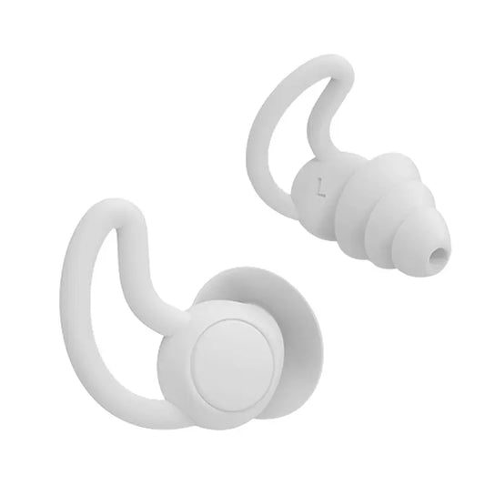 White silicone earplugs with curved hook and layered texture for secure fit soundproof earplugs three sleep noise reduction