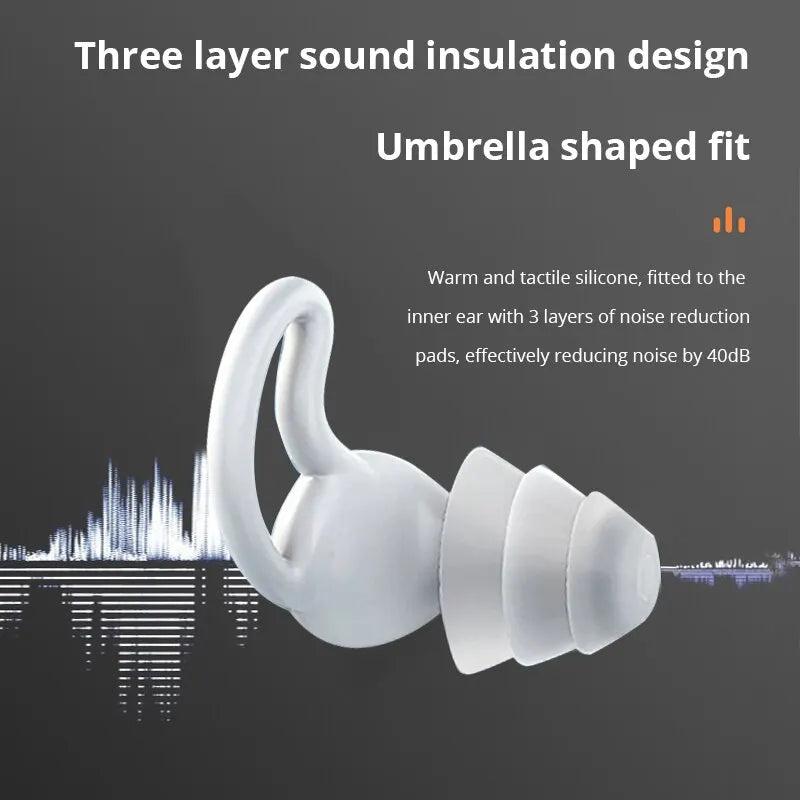 White silicone earplugs with umbrella fit and three layer design for sleep noise reduction and silicone earplugs waterproof use