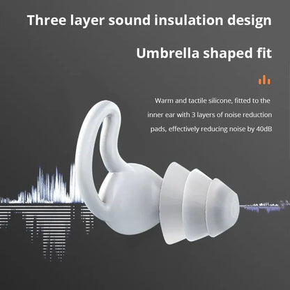 White silicone earplugs with umbrella fit and three layer design for sleep noise reduction and silicone earplugs waterproof use