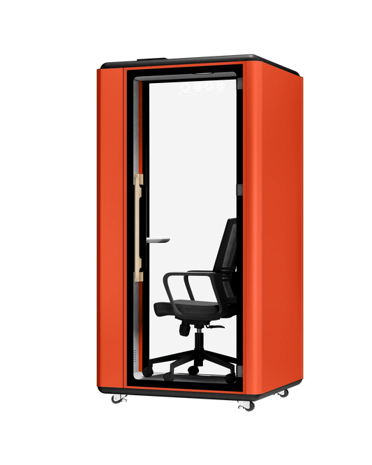 Vibrant orange soundproof pod with black glass door features sleek modern design for office phone booth and conference use