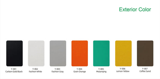 Exterior color options for soundproof pod sofa phone booth featuring seven swatches with codes and names including carbon gold black and lemon yellow with min-height 28px box-sizing and 28px padding 5px