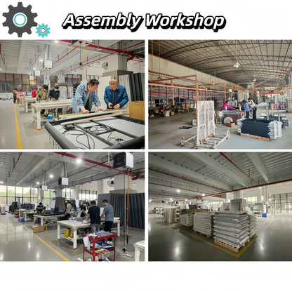Assembly workshop collage showing workers building soundproof pods for office, conference, and music recording use