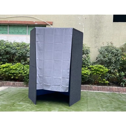 Gray fabric-covered portable home studio voting booth with black frame and blue interior for professional sound table use