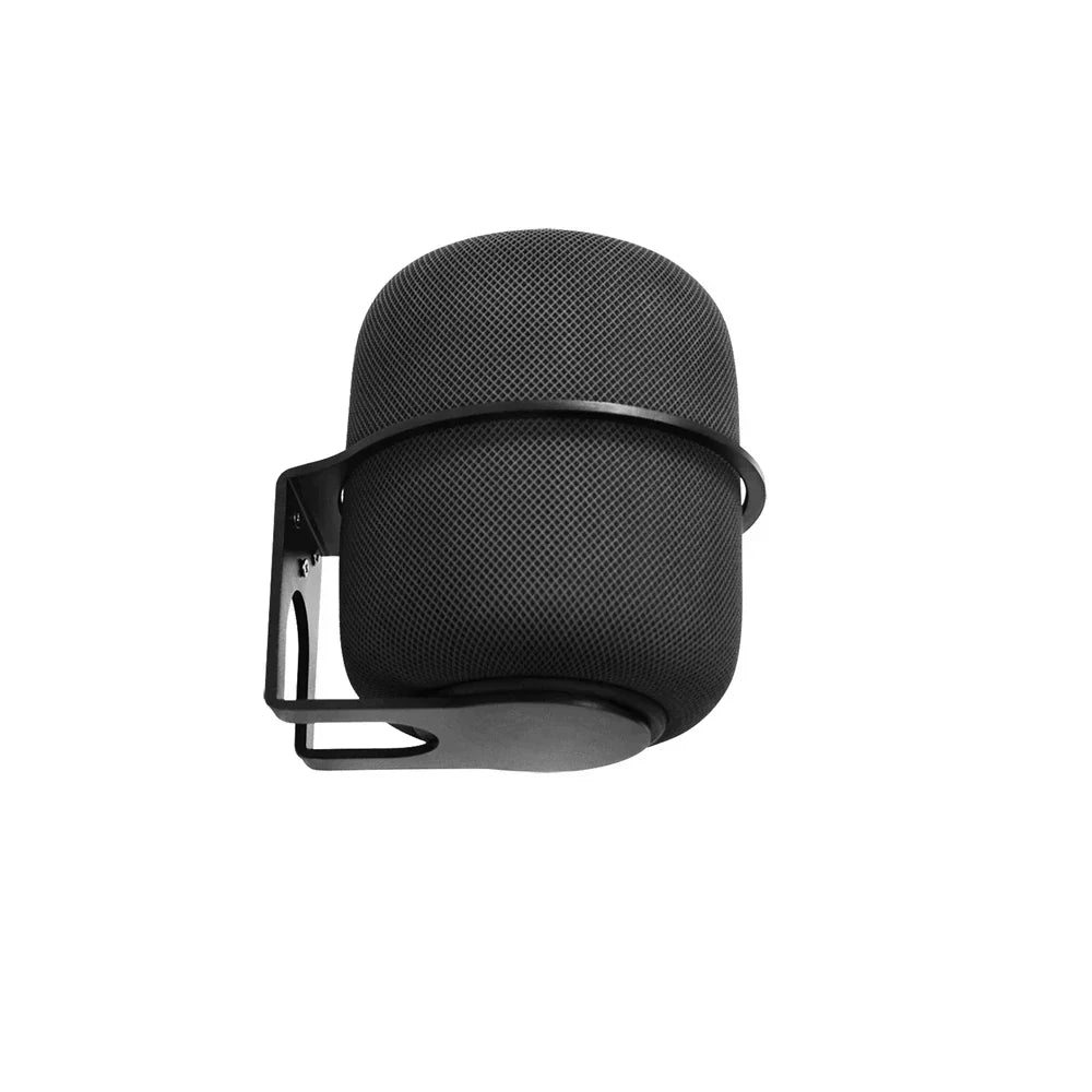 Black mesh-covered apple HomePod mini speaker mounted on sleek black wall mount aluminum alloy stand universal speaker holder