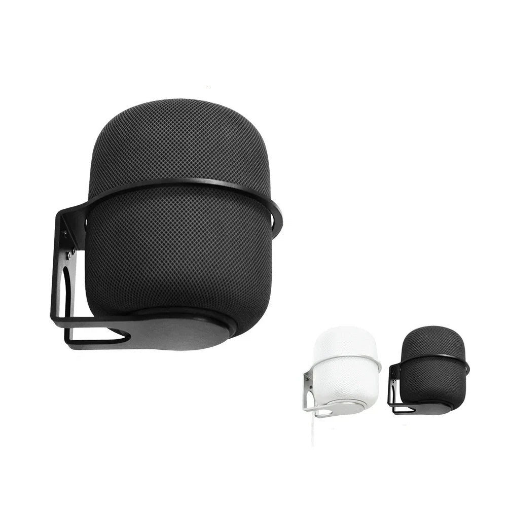 Black mesh-covered apple homepod on a sleek wall mount aluminum alloy stand universal speaker holder