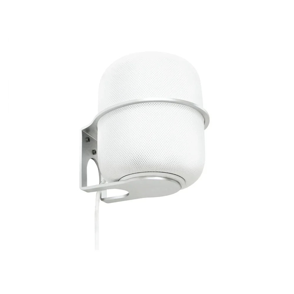 White textured mesh speaker mounted on sleek silver universal speaker holder wall mount aluminum alloy stand
