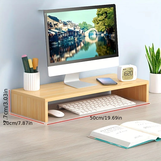 Light wood spacious wooden monitor stand with elevating computer riser and storage organizer for office and dorm use
