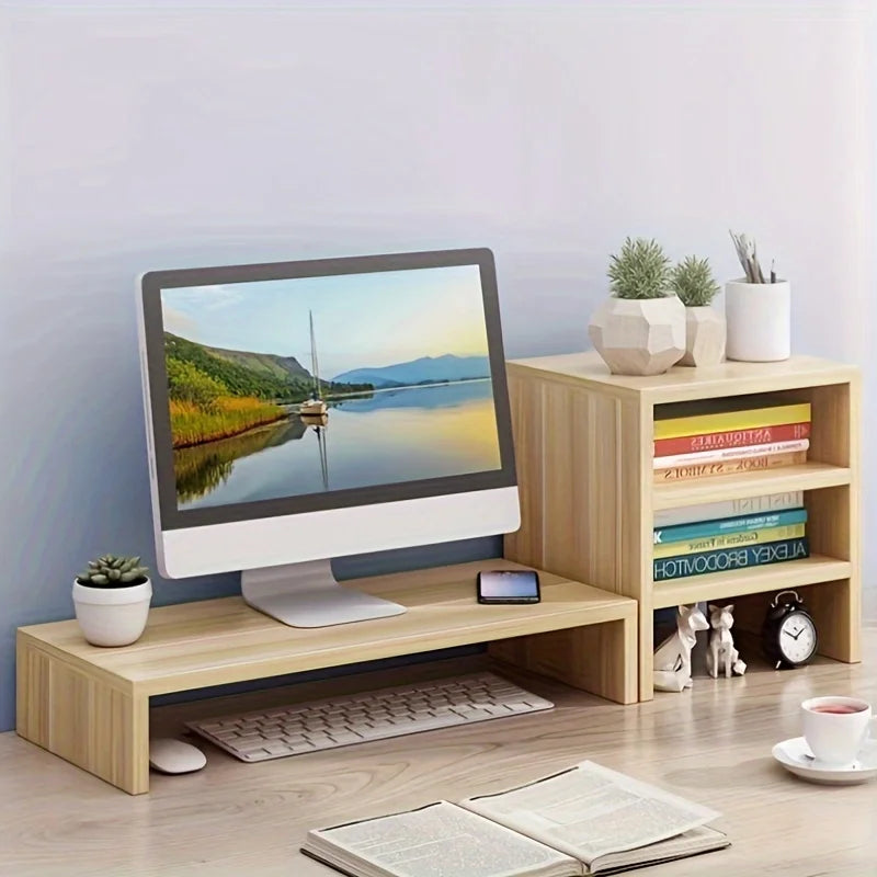 Light wood spacious wooden monitor stand with elevating computer riser and storage organizer for office use