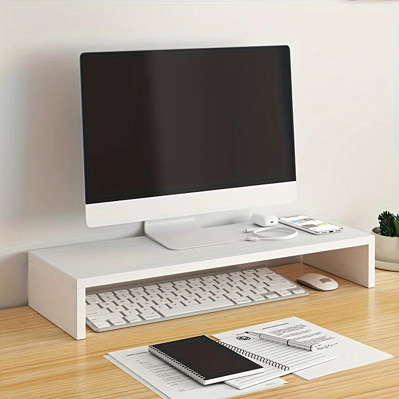 White minimalist spacious wooden monitor stand with elevating computer riser and storage organizer for office use