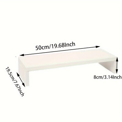 White minimalist floating shelf with clean modern lines serves as a spacious wooden monitor stand and elevating computer riser with storage organizer