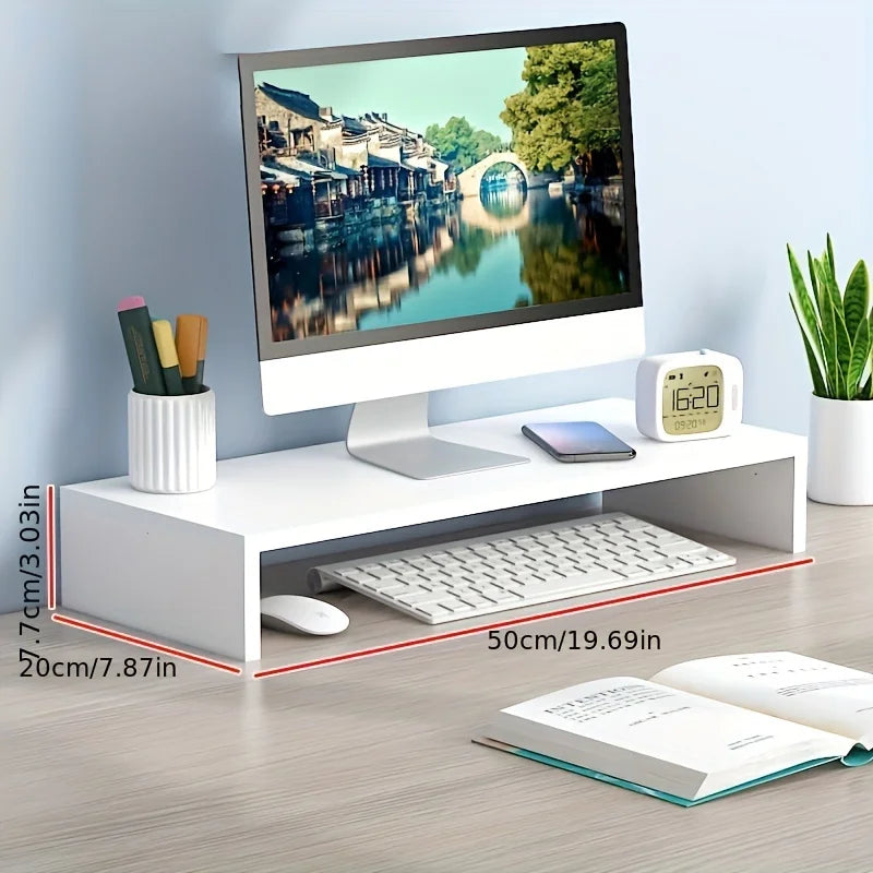 White rectangular desk organizer with sleek minimalist design and smooth surface for spacious wooden monitor riser storage organizer