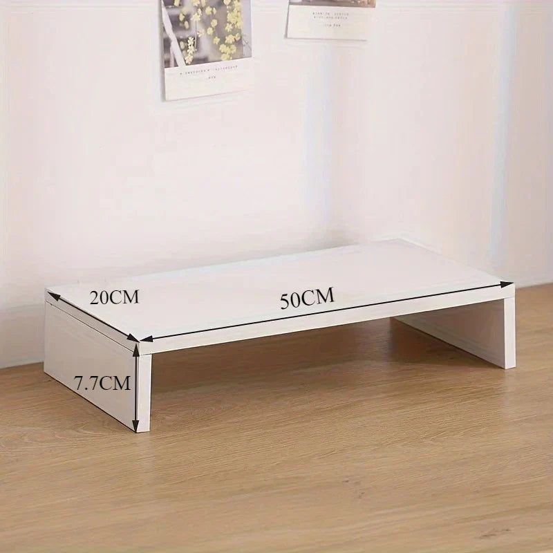 White rectangular spacious wooden monitor stand with minimalist design elevating computer riser and storage organizer
