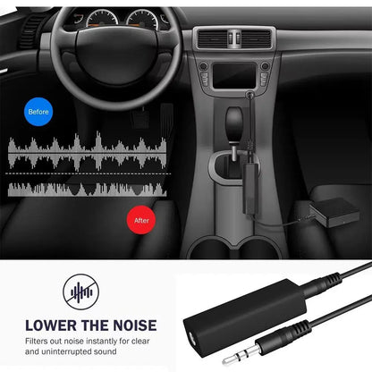 Black car audio noise filter adapter with 3.5mm jacks for loop noise isolator and noise filter ground in car stereo audio system