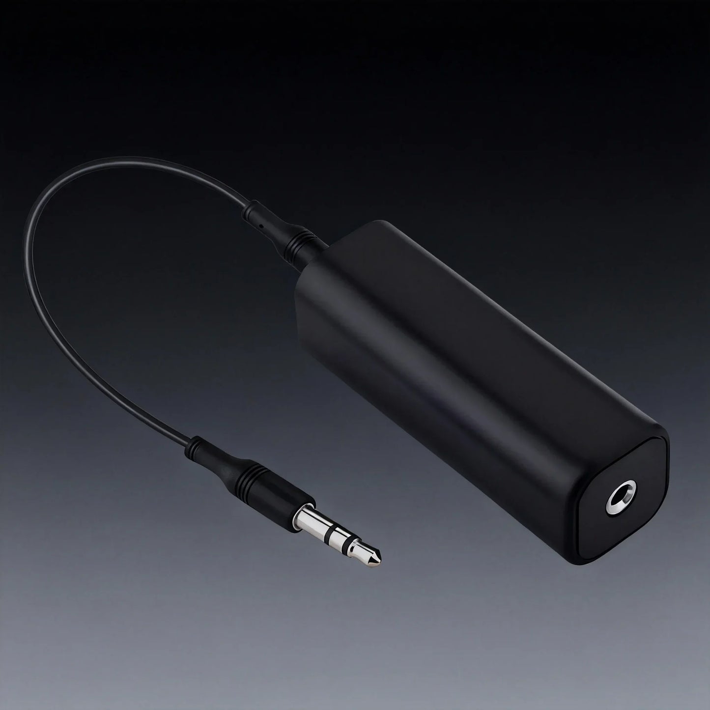 Black cylindrical 3.5mm aux audio noise filter ground loop noise isolator for car stereo audio system use