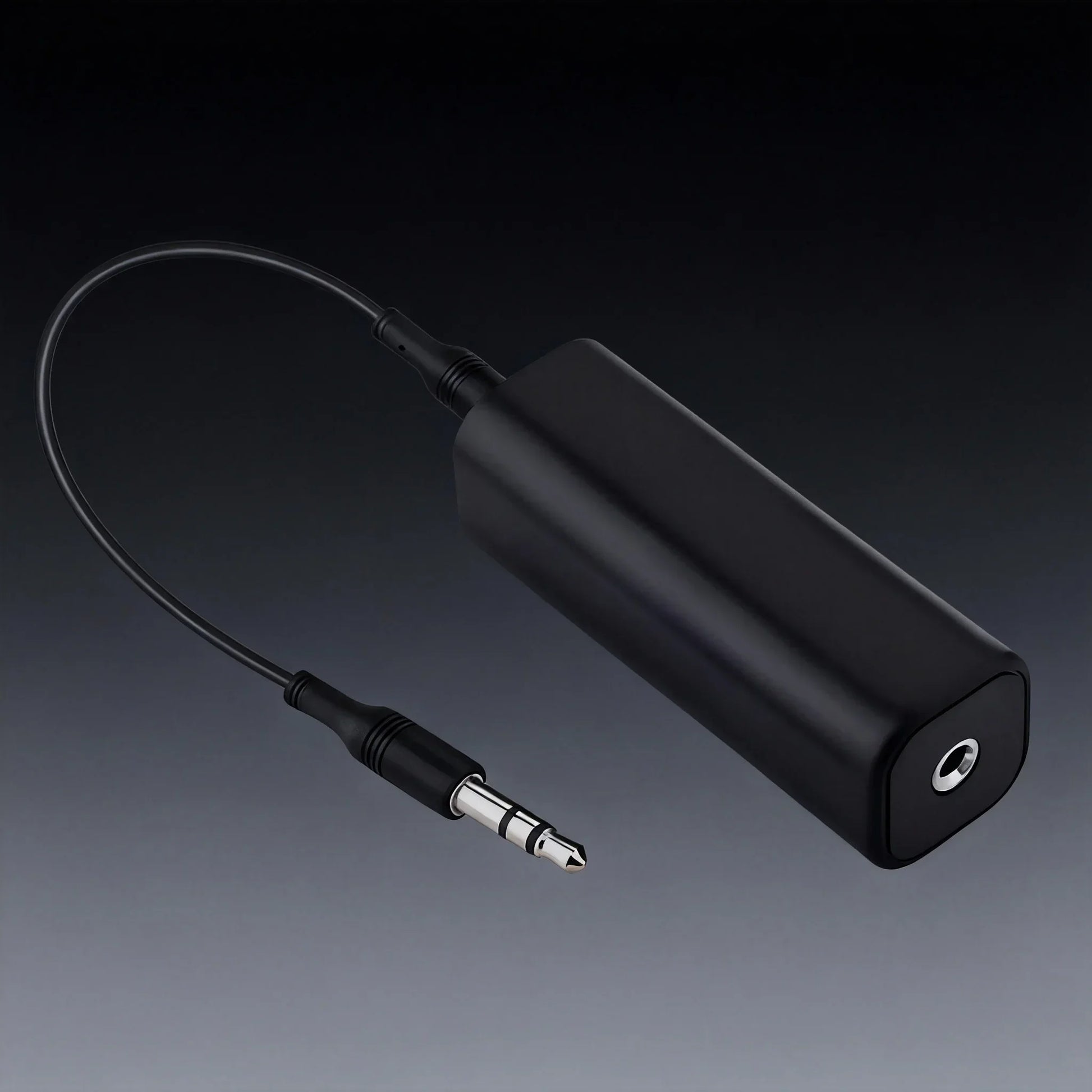 Black cylindrical 3.5mm aux audio noise filter ground loop noise isolator for car stereo audio system use