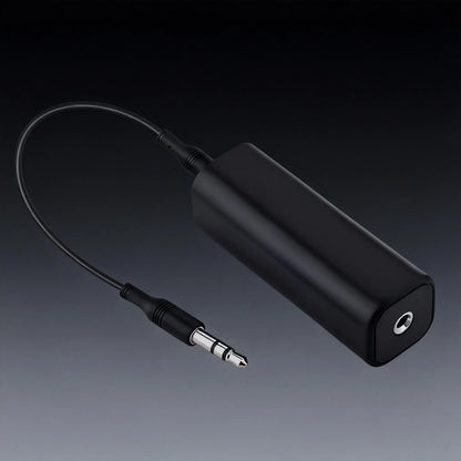 Black cylindrical 3.5mm aux audio noise filter ground loop noise isolator for car stereo audio system use