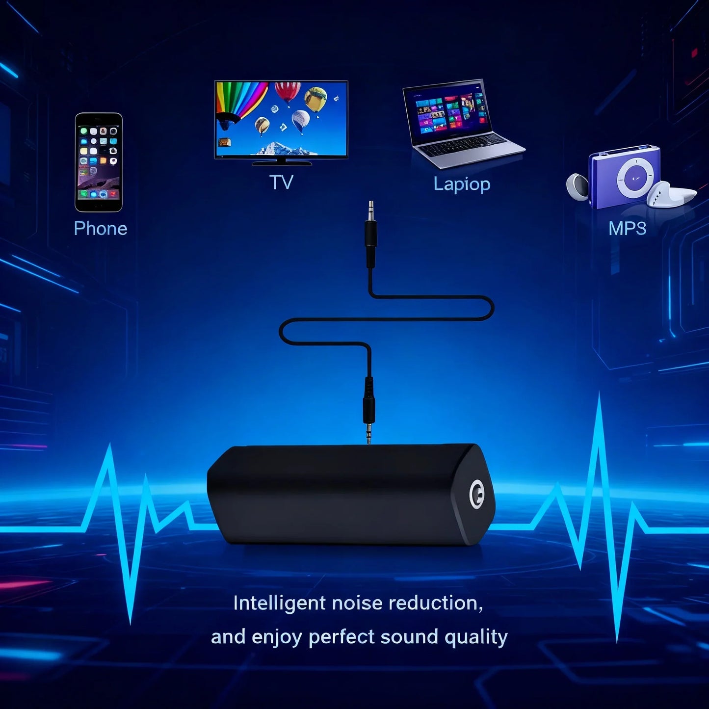 Black rectangular audio adapter with 3.5mm jack and circular logo noise filter ground loop noise isolator for car stereo audio