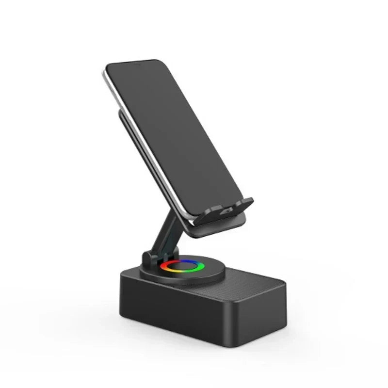 Black adjustable speaker phone stand with wireless hd surround sound and rainbow led charging pad for travel outdoor entertainment