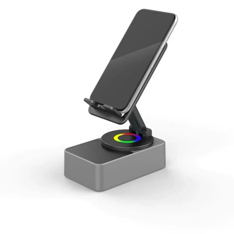 Black smartphone on a sleek adjustable speaker phone stand with a circular rgb led light for travel outdoor entertainment