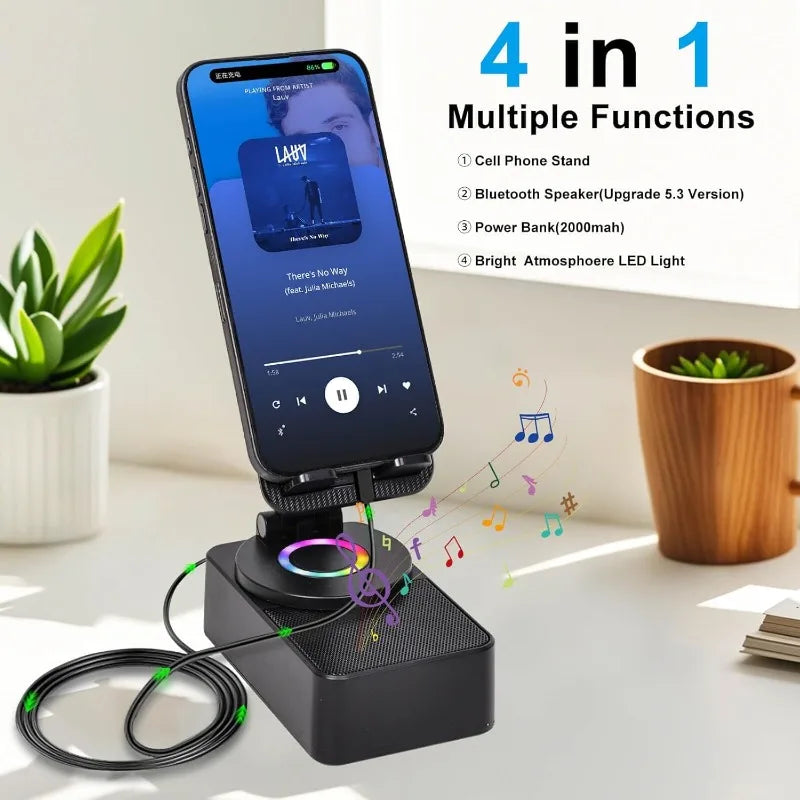 Black 4-in-1 multifunctional speaker phone stand with wireless hd surround sound led light and portable charger for travel outdoor entertainment
