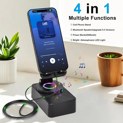 Black 4-in-1 multifunctional speaker phone stand with wireless hd surround sound led light and portable charger for travel outdoor entertainment