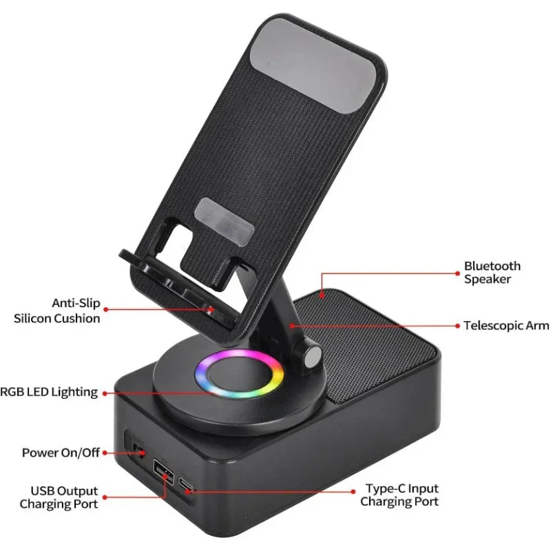 Black multifunctional speaker phone stand with wireless hd surround sound, rgb led lighting, and adjustable telescopic arm for travel outdoor entertainment