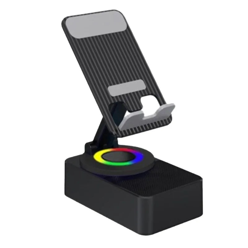 Black foldable speaker phone stand with circular rgb led light ring and textured grips for travel outdoor entertainment
