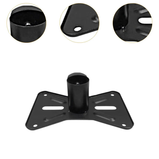 Black metal speaker stand adapter with central cylindrical post and flared base plate for rotatable metal mount sound equipment