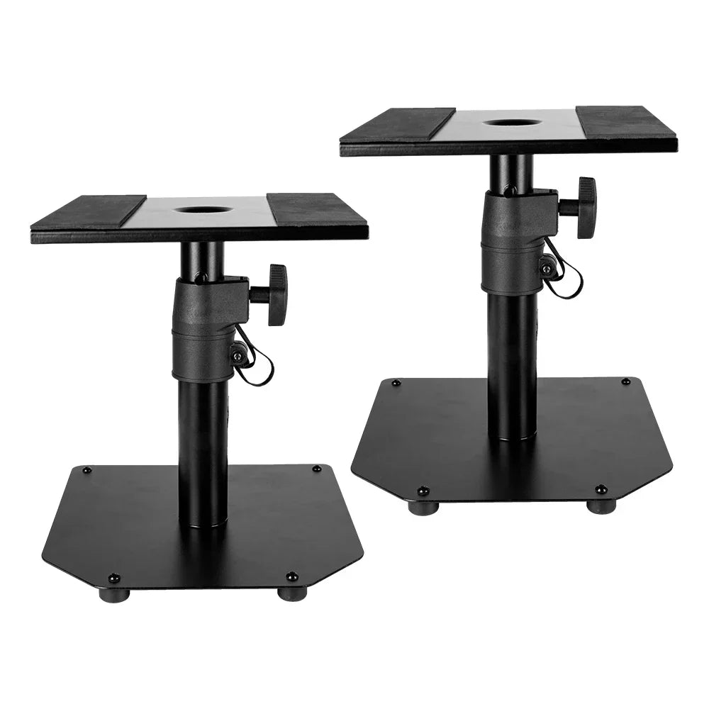 Black metal speaker stands desktop with adjustable height flat top platform and c-shaped clamp rack professional lifting stand