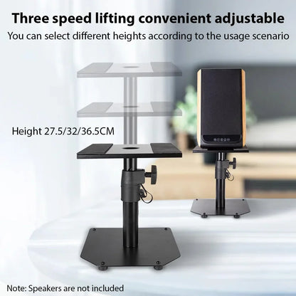 Adjustable black metal speaker stands desktop with three height settings for versatile placement clamp rack professional