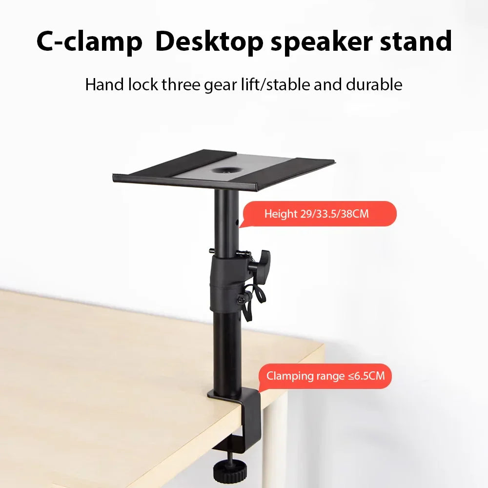 Black c-clamp desktop speaker stand with adjustable height and sturdy metal clamp rack professional for studio use