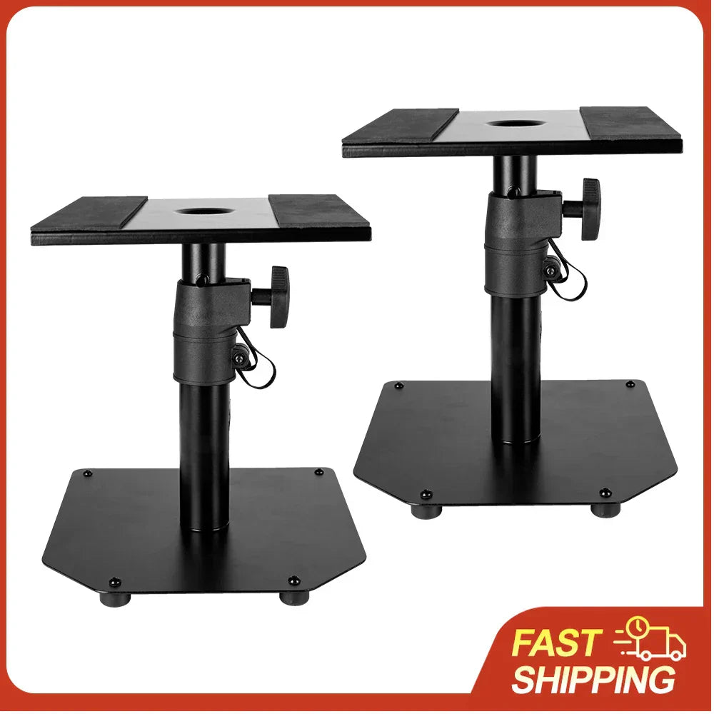 Black adjustable desktop monitoring speaker stands with hexagonal bases and padded tops for professional lifting stand use
