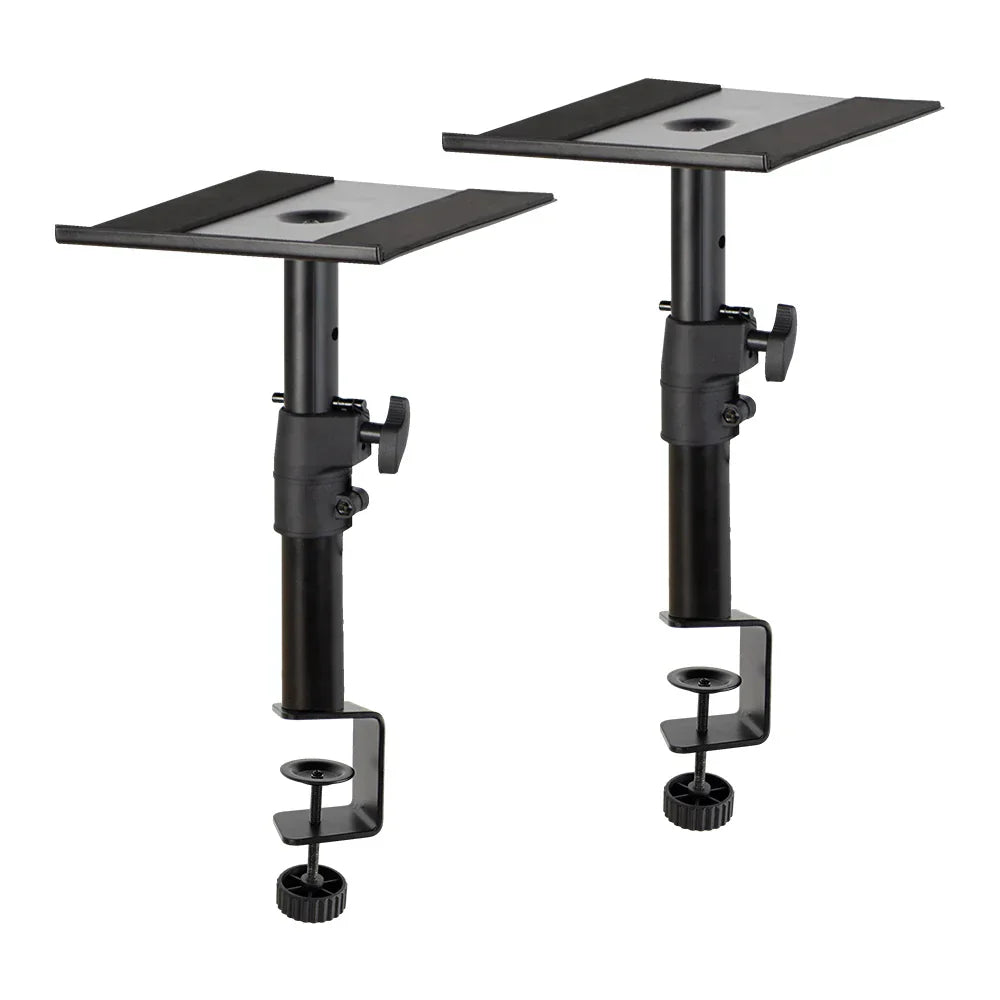 Black adjustable speaker stands desktop with clamp rack professional bases and height-adjustable arms for studio use