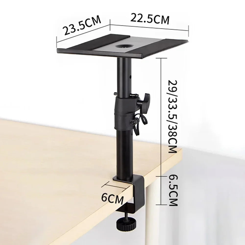 Black adjustable clamp rack professional desktop monitoring speaker mount with rectangular platform and clamp base