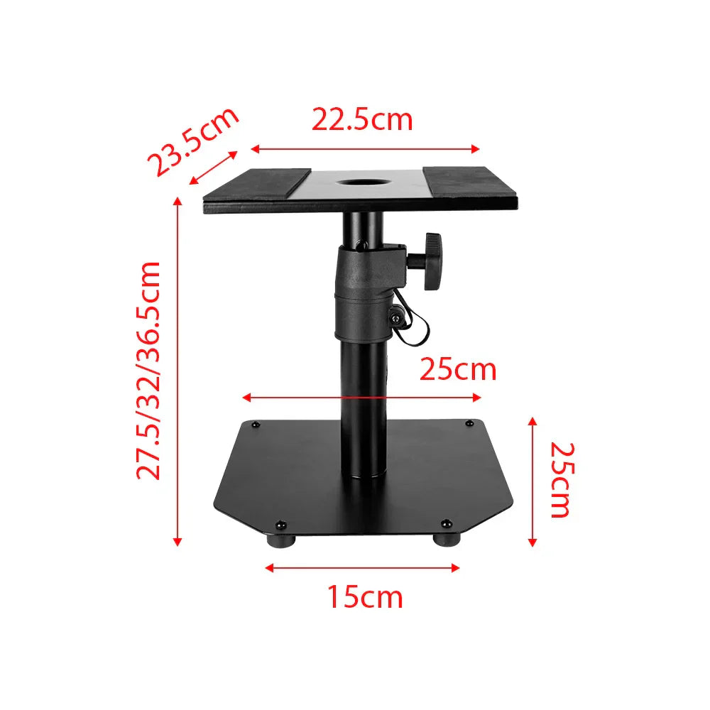 Black metal desktop monitoring speaker stand with adjustable height and flat top platform clamp rack professional lifting stand