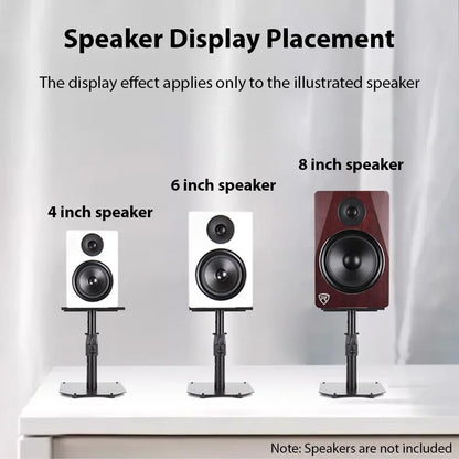 Red wood-finish 8-inch studio monitor speaker with black cone on professional lifting stand with clamp rack desktop speaker stands