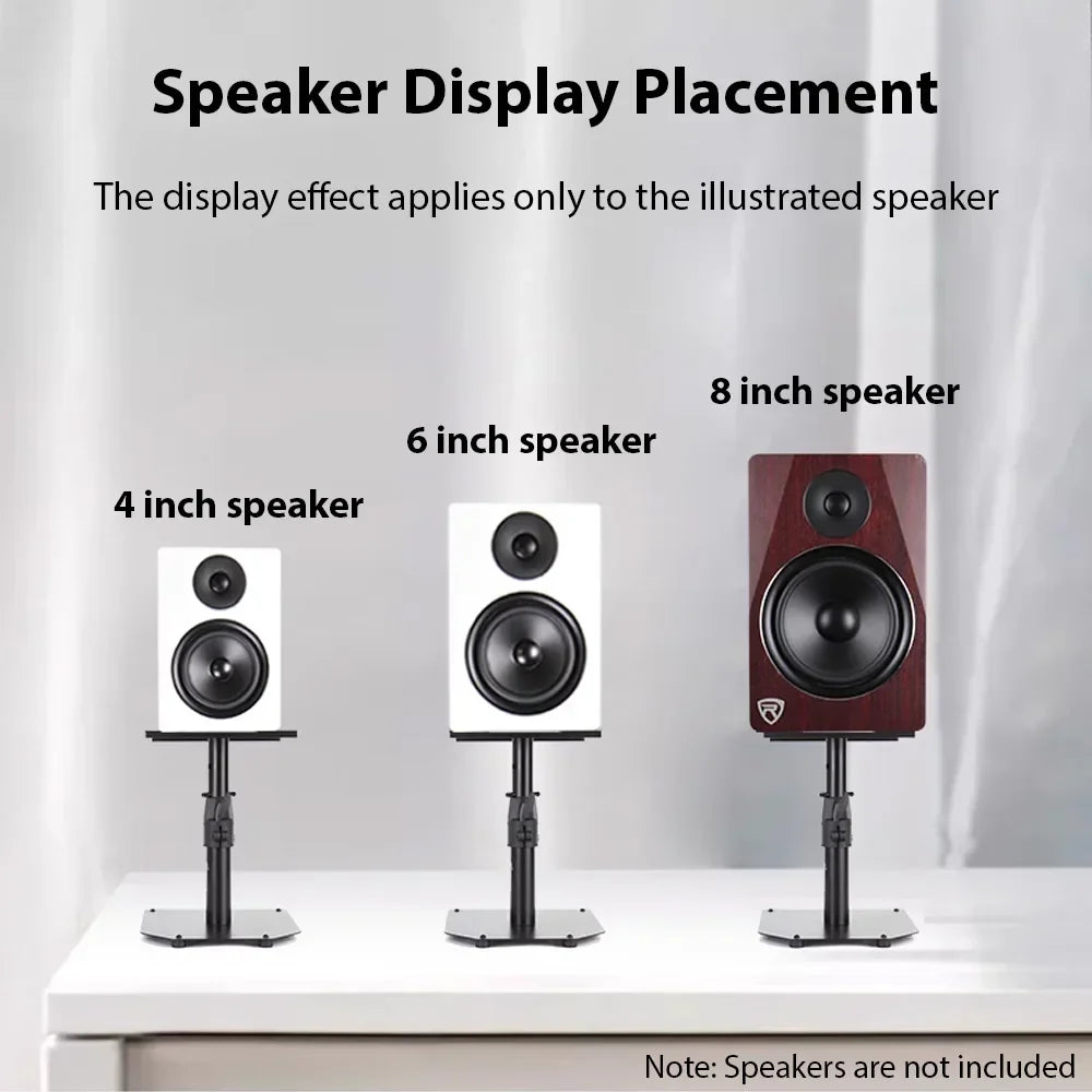 Red wood-finish 8-inch desktop monitoring speaker with black cone on a clamp rack professional lifting stand
