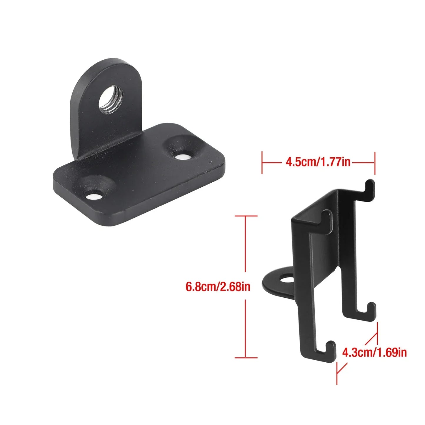 Black metal speaker wall mount bracket with flat base and curved hook for metal wall fixed wireless surround speakers