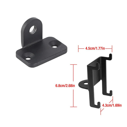 Black metal speaker wall mount bracket with flat base and curved hook for metal wall fixed wireless surround speakers