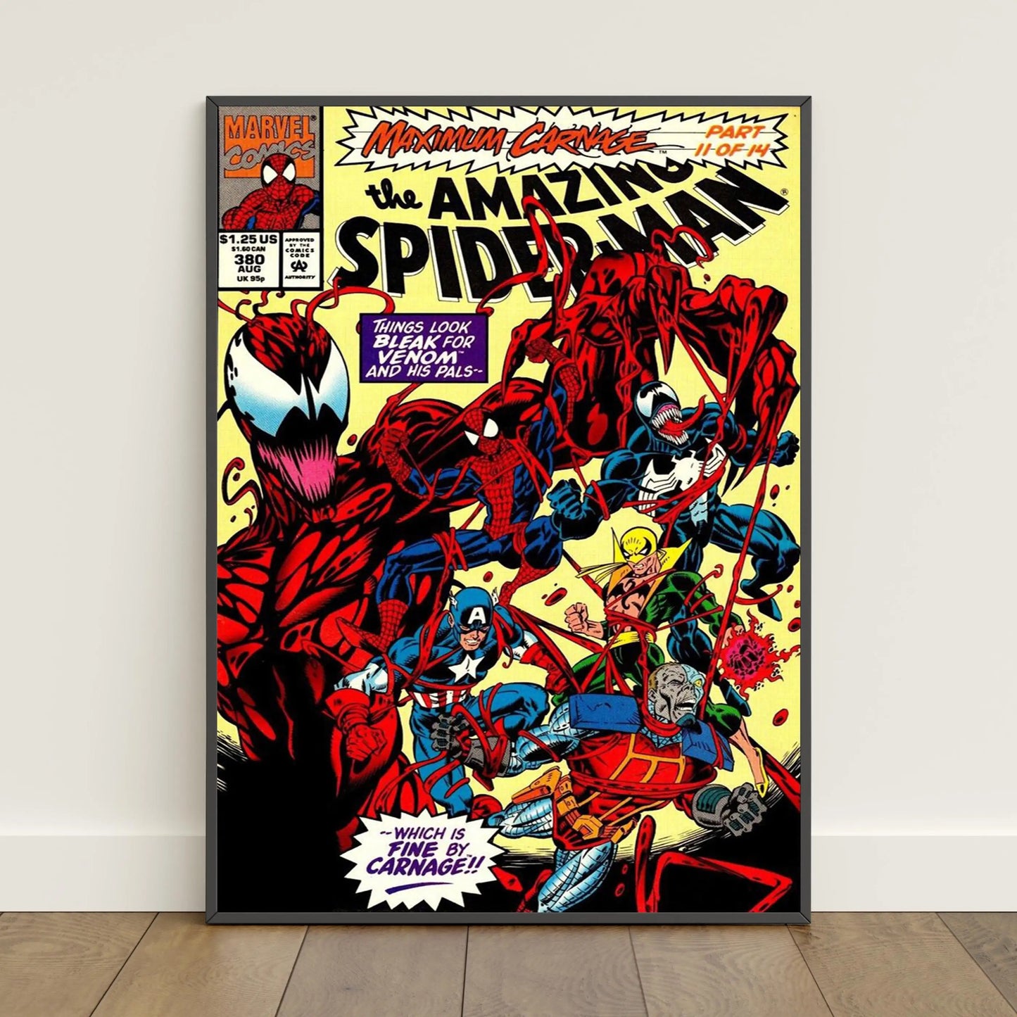 Vibrant Spiderman comic book covers poster featuring Spider-Man Venom and Carnage on bold yellow canvas print