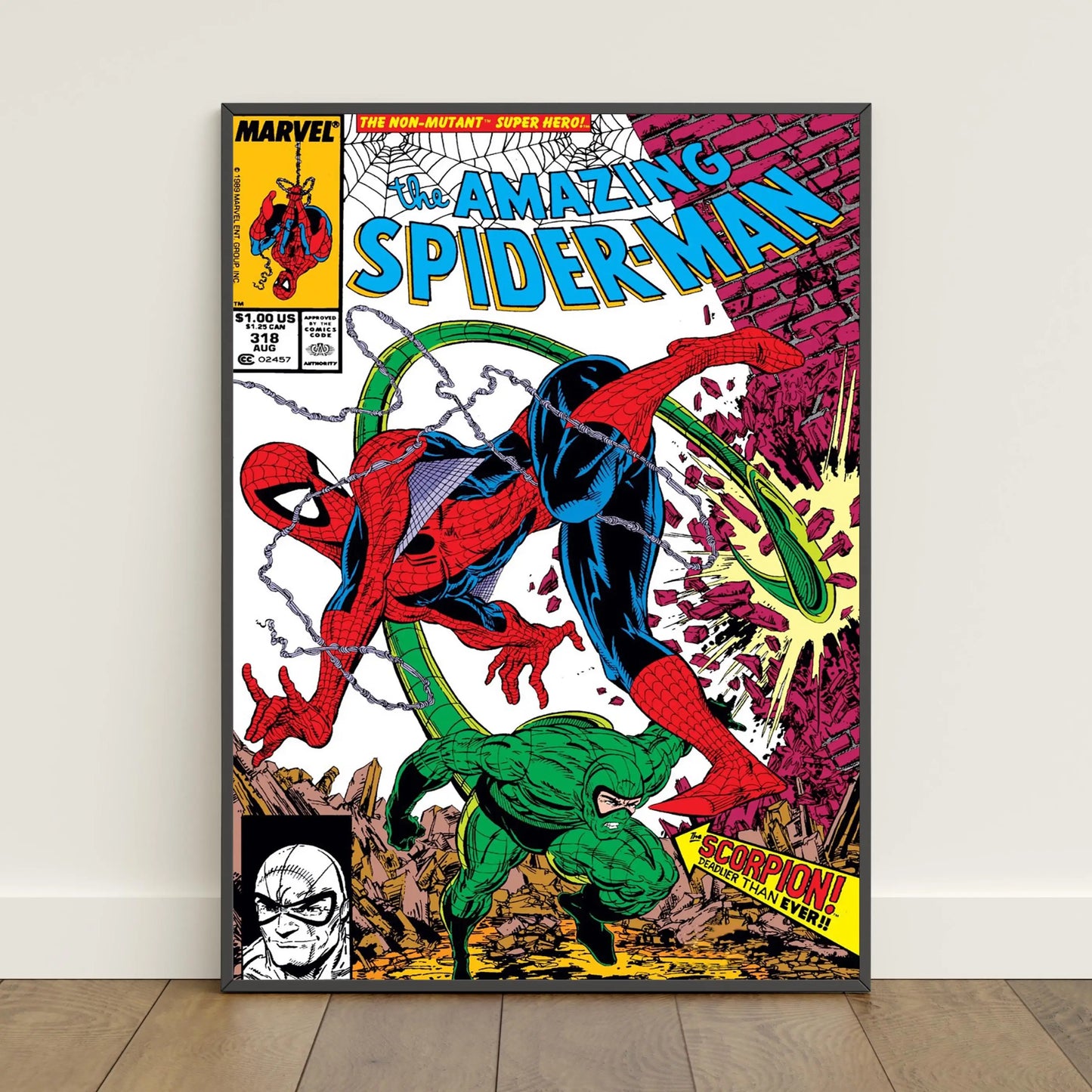 A framed marvel spiderman comic book cover poster featuring spider-man in red and blue suit swinging above a green scorpion
