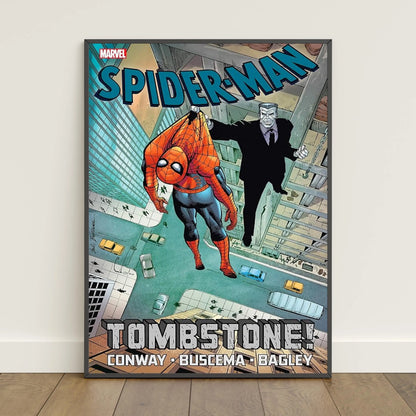 Spiderman comic book covers poster featuring peter parker in orange and blue suit hanging from man in black with tombstone text