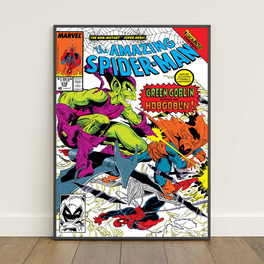 Spiderman comic book covers poster featuring spider-man battling green goblin and hobgoblin in black frame